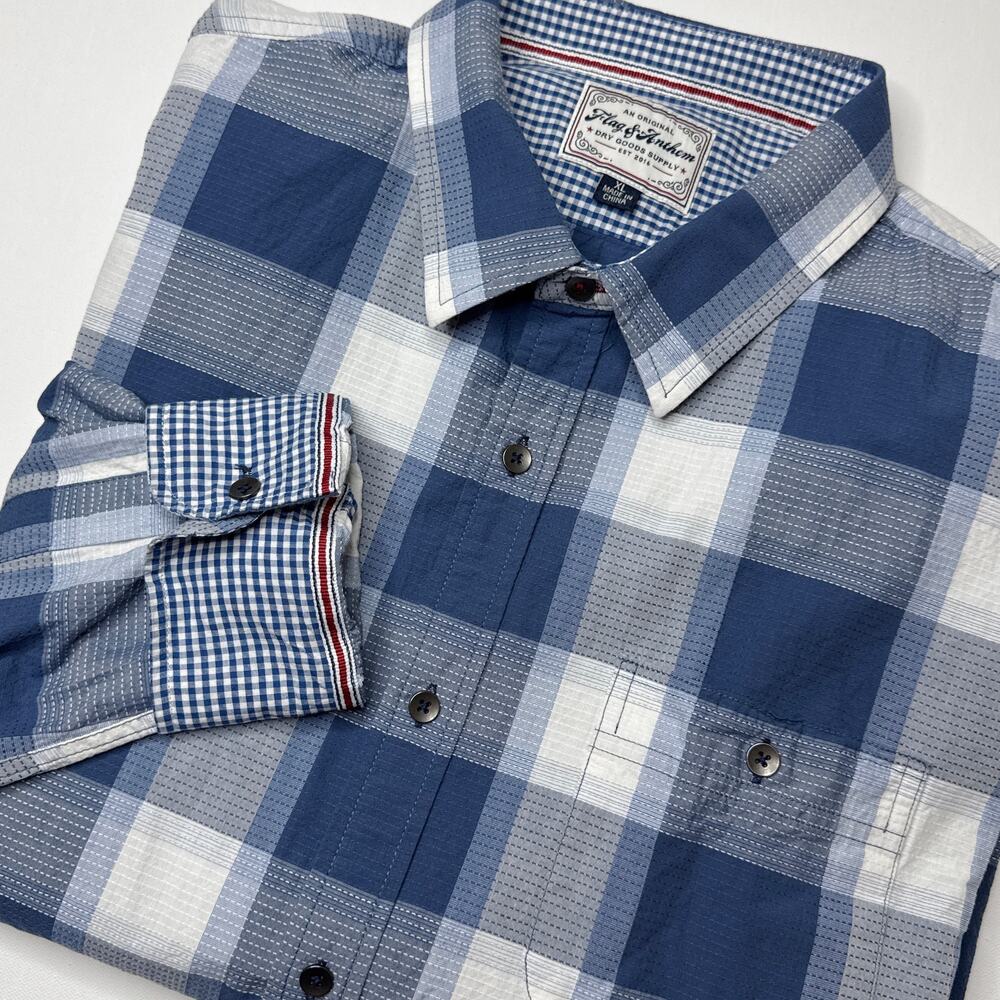 Flag & Anthem Men's XL‎ Long Sleeve Button Front Flip Cuff Plaid Navy Blue White